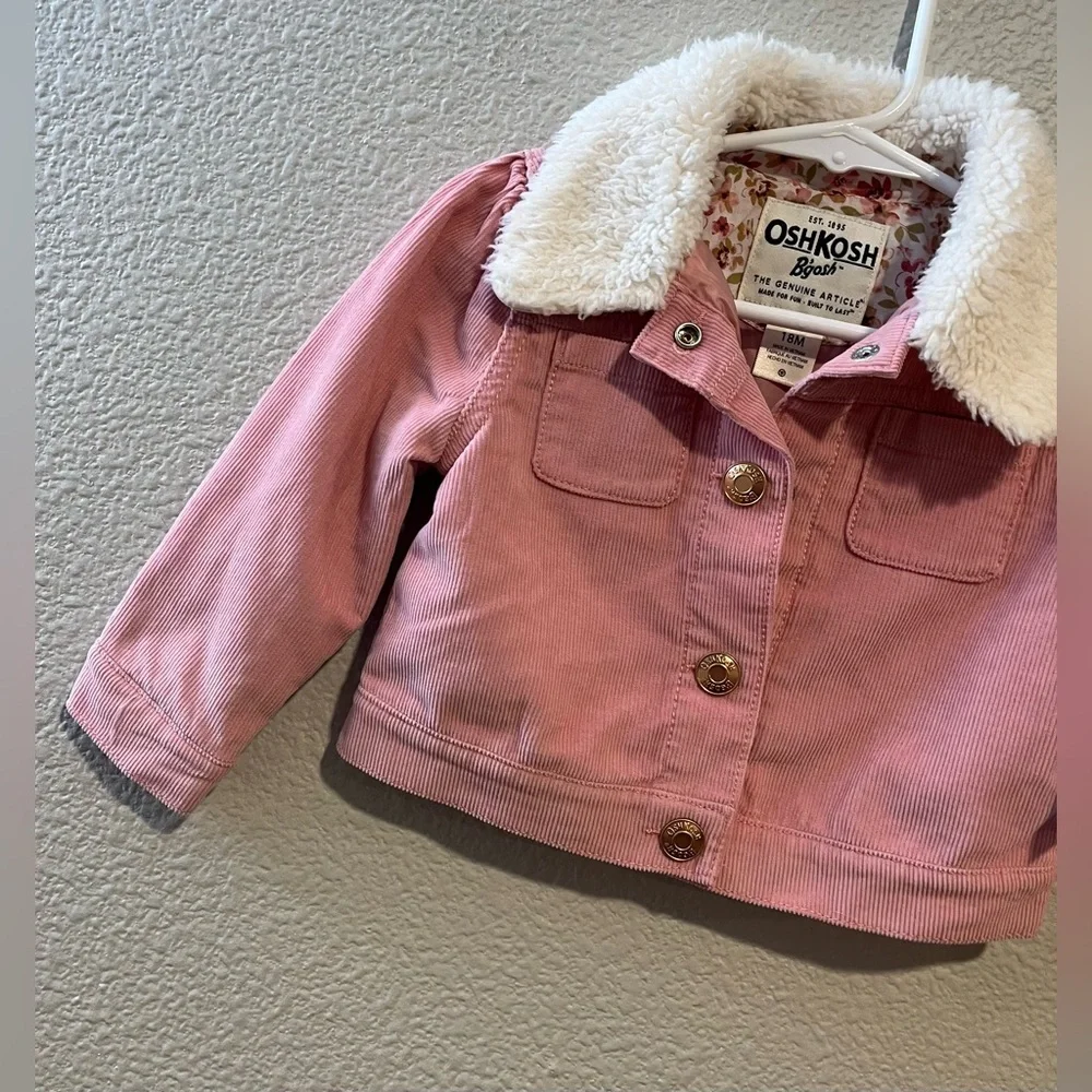 Oshkosh Bgosh Baby Girl Corduroy Sherpa Collar Pink Jacket Size 18 Months
